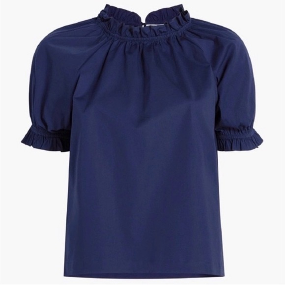 Hill House Blouse The Kit Top Short Puff Sleeve Ruffle Collar Navy L - Picture 1 of 10